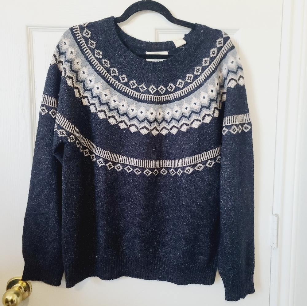 Weatherproof Vintage Navy Blue Cream Fair Isle Crew Neck Sweater L NWT